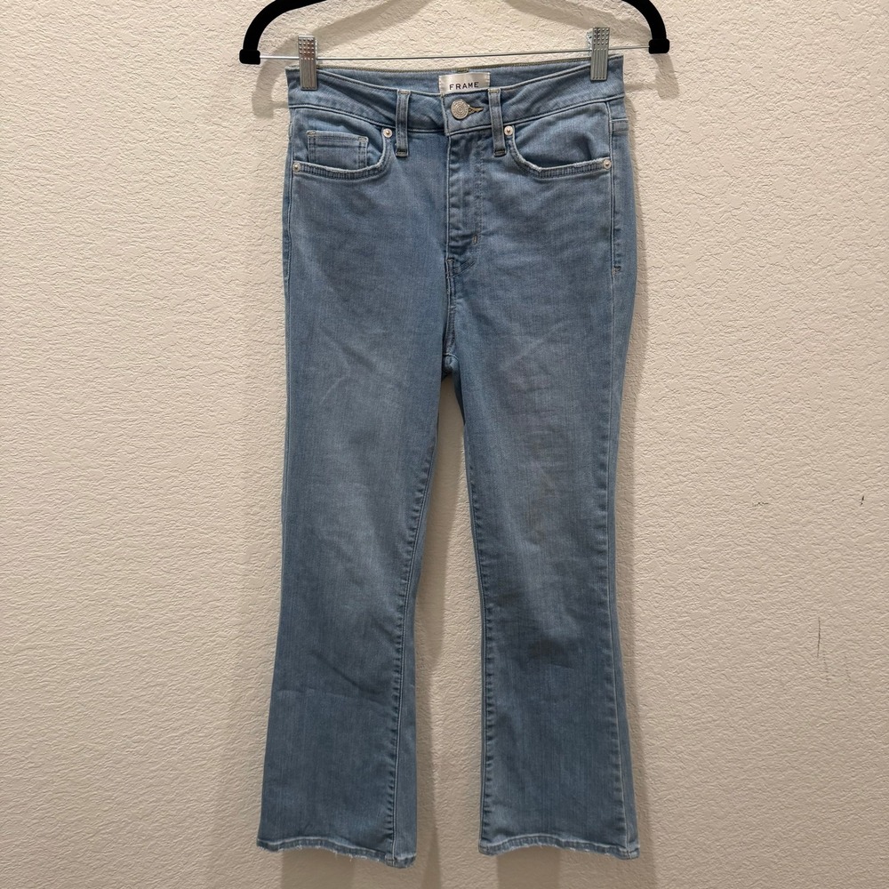 Frame Le Crop Mini Boot Jeans Light Wash High Rise Frayed Hem Size 25